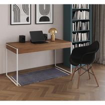 Escrivaninha Home Office Estilo Industrial Amêndoa 137X53Cm Ferro Branco Com 1 Poltrona Preta