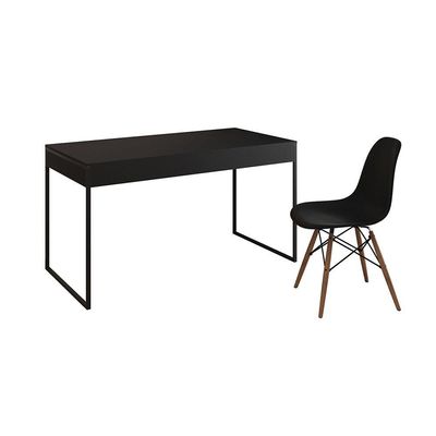 Mesa De Escritório Industrial Malta Preta 137X53Cm Base Ferro Preto Com 1 Cadeira Preta Cor: Preto