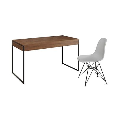 Escrivaninha Industrial Escritório Malta Amêndoa 137X53Cm Com 1 Cadeira Branca Base Fer Cor: Amendoa