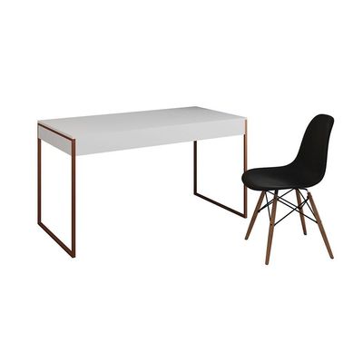 Mesa De Escritório Industrial Malta Branca 137X53Cm Base Cobre Com 1 Cadeira Preta Made Cor: Branco