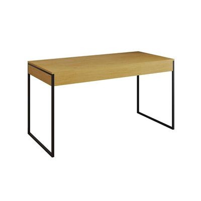 Mesa De Escritório Industrial Canela 137X53Cm Base Ferro Preto Com 1 Cadeira Branca
