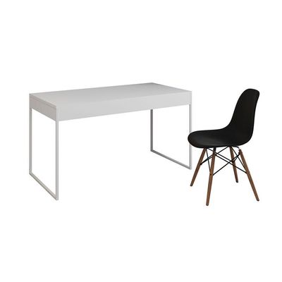 Mesa De Escritório Industrial Branca 137X53Cm Base Ferro Branco Com 1 Cadeira Preta