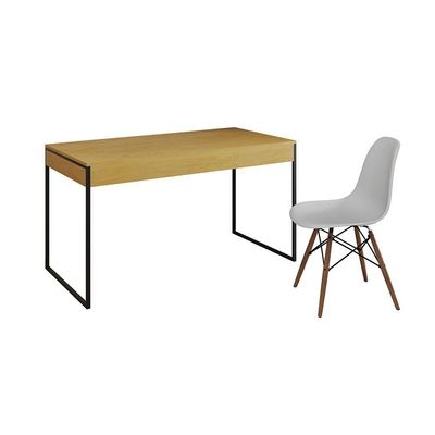 Mesa De Escritório Industrial Canela 137X53Cm Base Ferro Preto Com 1 Cadeira Branca