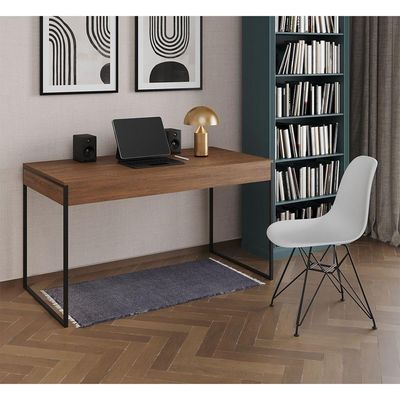 Escrivaninha Industrial Escritório Malta Amêndoa 137X53Cm Com 1 Cadeira Branca Base Fer Cor: Amendoa