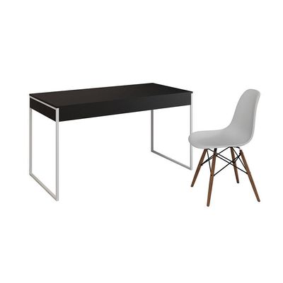 Mesa De Escritório Industrial Preta 137X53Cm Base Ferro Branco Com 1 Cadeira Branca Cor: Preto