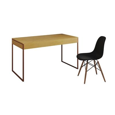 Mesa De Escritório Industrial Malta Canela 137X53Cm Base Cobre Com 1 Cadeira Preta Made Cor: Canela