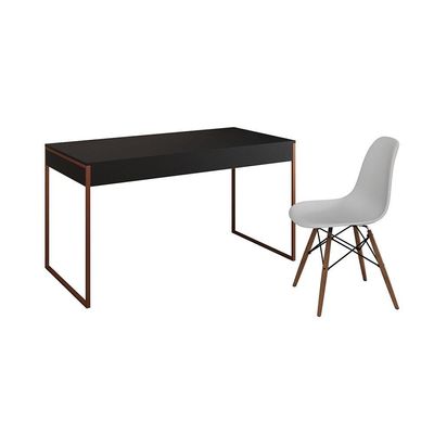 Mesa De Escritório Industrial Malta Preta 137X53Cm Base Cobre Com 1 Cadeira Branca Made Cor: Preto