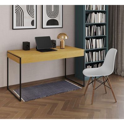 Mesa De Escritório Industrial Canela 137X53Cm Base Ferro Preto Com 1 Cadeira Branca