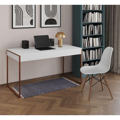 Mesa De Escritório Industrial Malta Branca 137X53Cm Base Cobre Com 1 Cadeira Branca Mad Cor: Branco