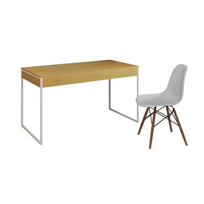 Mesa De Escritório Industrial Canela 137X53Cm Base Ferro Branco Com 1 Cadeira Branca