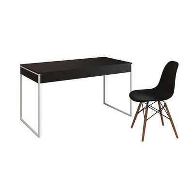 Mesa De Escritório Industrial Preta 137X53Cm Base Ferro Branco Com 1 Cadeira Pretae