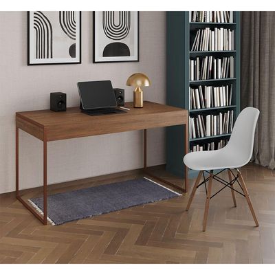 Mesa De Escritório Industrial Malta Amêndoa 137X53Cm Base Cobre Com 1 Cadeira Branca Ma Cor: Amendoa