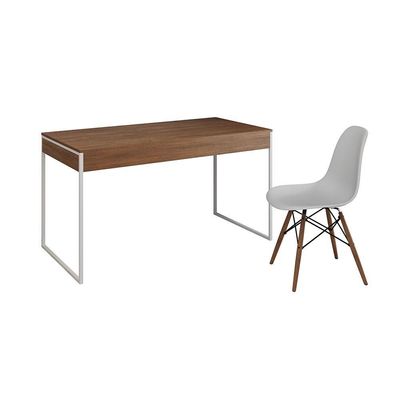 Mesa De Escritório Industrial Amêndoa 137X53Cm Base Ferro Branco Com 1 Cadeira Branca