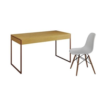 Mesa De Escritório Industrial Malta Canela 137X53Cm Base Cobre Com 1 Cadeira Branca Mad Cor: Canela