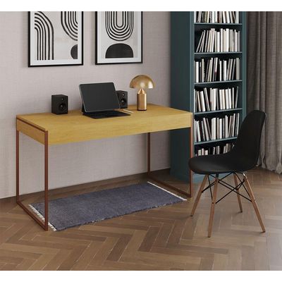 Mesa De Escritório Industrial Malta Canela 137X53Cm Base Cobre Com 1 Cadeira Preta Made Cor: Canela