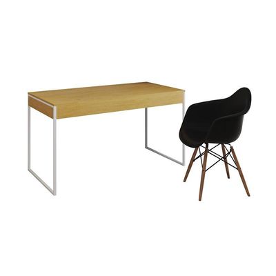 Escrivaninha Home Office Estilo Industrial Canela 137X53Cm Ferro Branco Com 1 Poltrona Preta