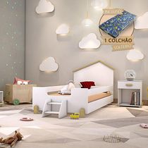 Cama Infantil C/ Colchão E Escadinha Branca E Natural