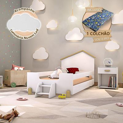 Cama Infantil C/ Colchão E Escadinha Branca E Natural