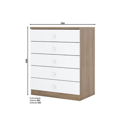 Cômoda Bebê Bala De Menta 5 Gavetas Branco - Henn