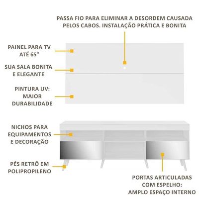 Rack Com Painel Tv 65" Retrô Com Espelho Multimóveis V3138