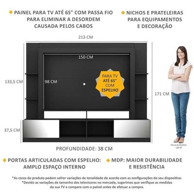 Estante Tv 65" Portas C/ Espelho Multimóveis V3390 Preto