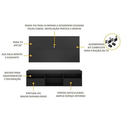 Rack Com Painel E Suporte Tv 65" Multimóveis V3112 Preto