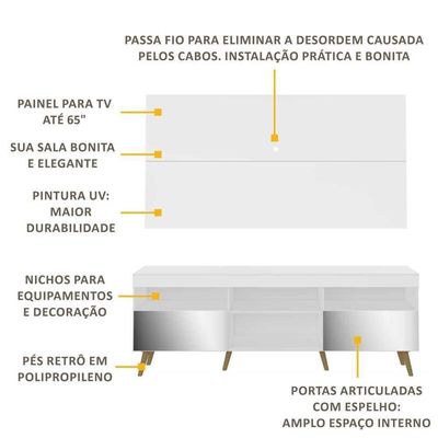 Rack Com Painel Tv 65" Retrô Com Espelho Multimóveis V3138