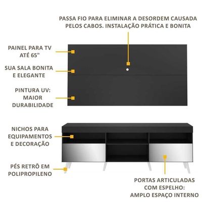 Rack Com Painel Tv 65" Retrô Com Espelho Multimóveis V3138