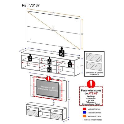 Rack Com Painel Tv 65" E Espelho Multimóveis V3137 Branco