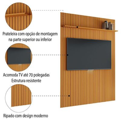 Painel Para Tv Até 70 Polegadas 1,80x2,40m Ripado Com Prateleira Arbo Cedro Edn Nature