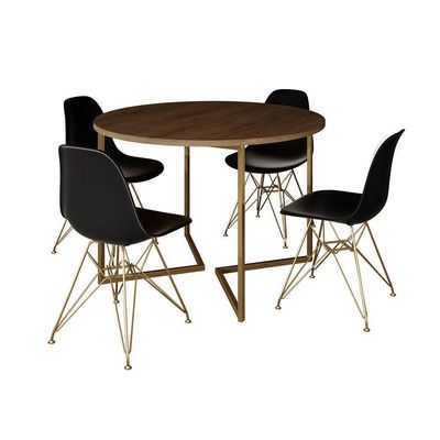 Mesa Jantar Industrial Redonda 110Cm Amêndoa Base V Dourada C/4 Cadeiras Pretas Base Cor: Amendoa