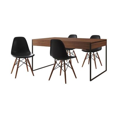 Mesa Jantar Industrial Retangular Amêndoa 137X90Cm Base Ferro Preto C/4 Cadeiras Pretas Amendoa