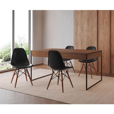 Mesa Jantar Industrial Retangular Amêndoa 137X90Cm Base Ferro Preto C/4 Cadeiras Pretas Amendoa