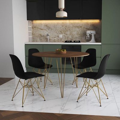 Mesa De Jantar Redonda 90Cm Amêndoa Clips 3 Pés Com 4 Cadeiras Pretas Base Dourada Cor: Amendoa