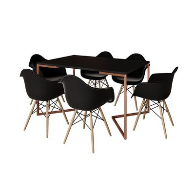 Mesa Industrial Retangular Jantar 137X90Cm Preta Base Cobre V Com 6 Poltronas Pretas Ma Cor: Preto