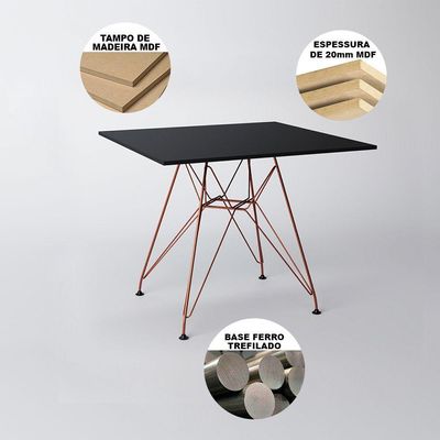 Mesa De Jantar Quadrada Preta 90Cm Com 4 Cadeiras Brancas Base Ferro Cobre Cor: Preto