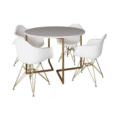 Mesa Jantar Industrial Branca 110Cm Redonda Base V Com 4 Poltronas Daw Brancas Base Dou Cor: Branco