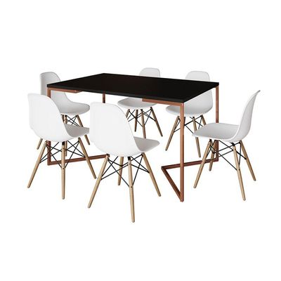 Mesa Jantar Industrial Retangular Preta 137X90Cm Base V Cobre Com 6 Cadeiras Brancas Ma Cor: Preto