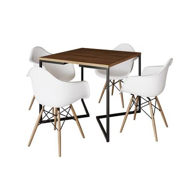 Mesa Jantar Industrial Quadrada Amêndoa 90Cm Base V Ferro Preto C/4 Poltronas Brancas Cor: Amendoa