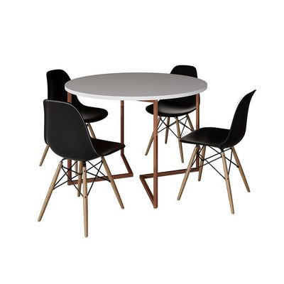 Mesa Jantar Industrial Redonda 110Cm Branca Base V Cobre C/4 Cadeiras Preta Base Madeira Branco