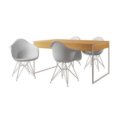 Mesa Jantar Industrial Canela 137X90Cm Com 4 Poltronas Brancas Base Ferro Br Cor: Canela