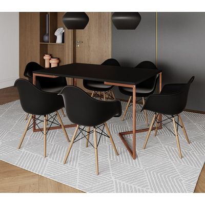 Mesa Industrial Retangular Jantar 137X90Cm Preta Base Cobre V Com 6 Poltronas Pretas Ma Cor: Preto
