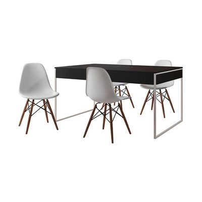 Mesa Jantar Industrial Retangular Preta 137X90Cm Base Ferro Branco C/4 Cadeiras Brancas Cor: Preto