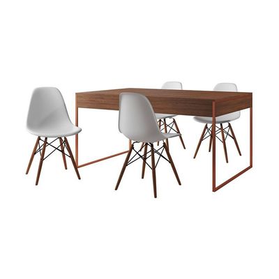 Mesa Jantar Industrial Retangular Amêndoa 137X90Cm Base Cobre Com 4 Cadeiras Brancas Cor: Amendoa