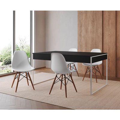 Mesa Jantar Industrial Retangular Preta 137X90Cm Base Ferro Branco C/4 Cadeiras Brancas Cor: Preto