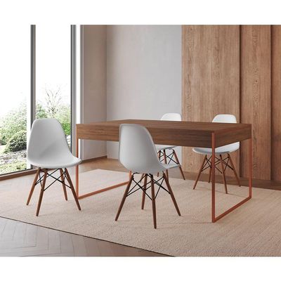 Mesa Jantar Industrial Retangular Amêndoa 137X90Cm Base Cobre Com 4 Cadeiras Brancas Cor: Amendoa