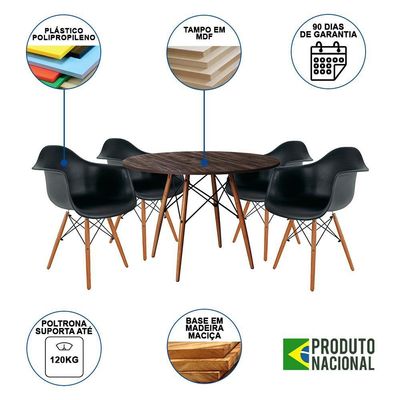 Conjunto De Jantar Mesa Redonda Eiffel Em Madeira 90Cm Amêndoa Com 4 Poltronas Pretas Cor: Preto