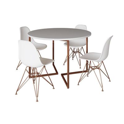 Mesa Industrial Jantar Redonda Branca 110Cm Base V Com 4 Cadeiras Eames Brancas Base Cobre Branco