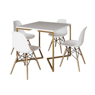 Mesa Jantar Industrial Quadrada 90Cm Branca Base V Dourada Com 4 Cadeiras Madeira Branc Cor: Branco