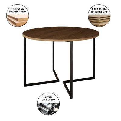 Mesa Jantar Industrial Redonda 110Cm Amêndoa Base V Ferro Preto C/4 Cadeiras Branca Base Mad Amendoa